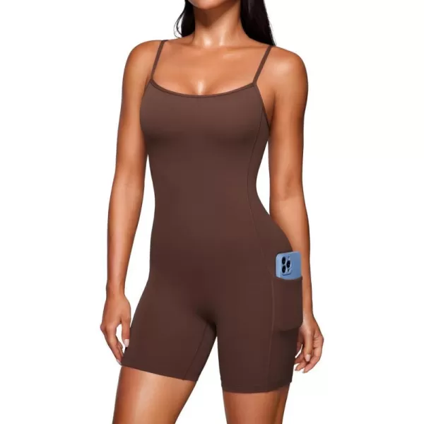 CRZ YOGA Butterluxe Athletic Rompers for Women Adjustable Padded Tank Top Workout Shorts Jumpsuit Pockets One Piece BodysuitCoffee Brown