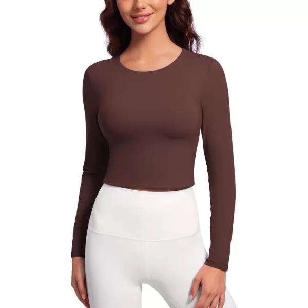 CRZ YOGA Butterluxe Double Lined Long Sleeve Workout Tops for Women Crew Neck Fitted Crop Top Casual Tight Basic ShirtsTaupe