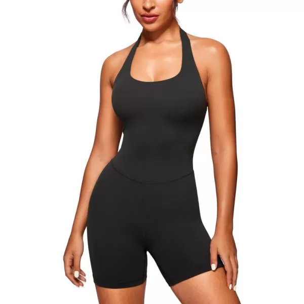 CRZ YOGA Butterluxe Halter Backless Athletic Rompers for Women Workout Bodycon One Piece Shorts Jumpsuit with PadsBlack