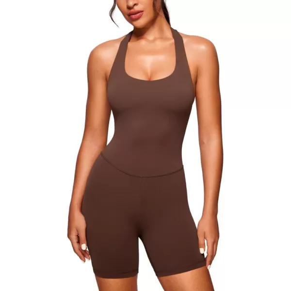 CRZ YOGA Butterluxe Halter Backless Athletic Rompers for Women Workout Bodycon One Piece Shorts Jumpsuit with PadsCoffee Brown