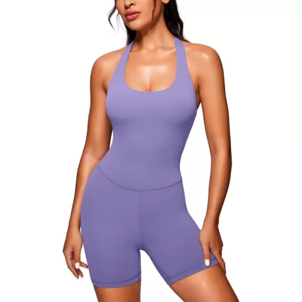 CRZ YOGA Butterluxe Halter Backless Athletic Rompers for Women Workout Bodycon One Piece Shorts Jumpsuit with PadsDark Lavender Purple