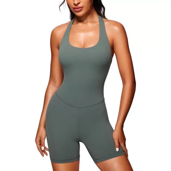 CRZ YOGA Butterluxe Halter Backless Athletic Rompers for Women Workout Bodycon One Piece Shorts Jumpsuit with PadsGrey Sage