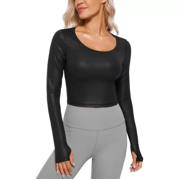 CRZ YOGA Butterluxe Long Sleeve Crop Tops for Women Slim Fit Workout Shirts Cropped Athletic Gym TopFaux Leather Black