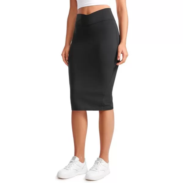 CRZ YOGA Butterluxe Midi Pencil Skirts for Women V Cross High Waist Bodycon Stretch Casual Work SkirtBlack