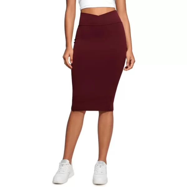 CRZ YOGA Butterluxe Midi Pencil Skirts for Women V Cross High Waist Bodycon Stretch Casual Work SkirtRed Merlot