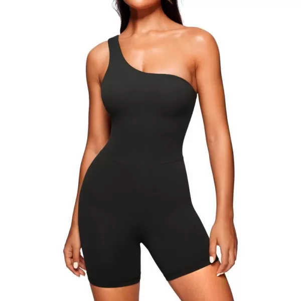 CRZ YOGA Butterluxe One Shoulder Athletic Rompers for Women Removable Padded Shorts Jumpsuit One Piece Stretchy BodysuitBlack