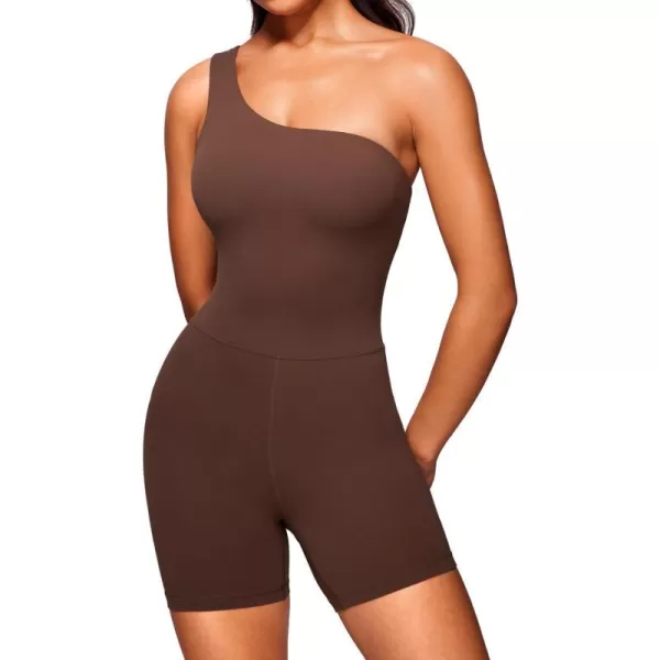 CRZ YOGA Butterluxe One Shoulder Athletic Rompers for Women Removable Padded Shorts Jumpsuit One Piece Stretchy BodysuitCoffee Brown