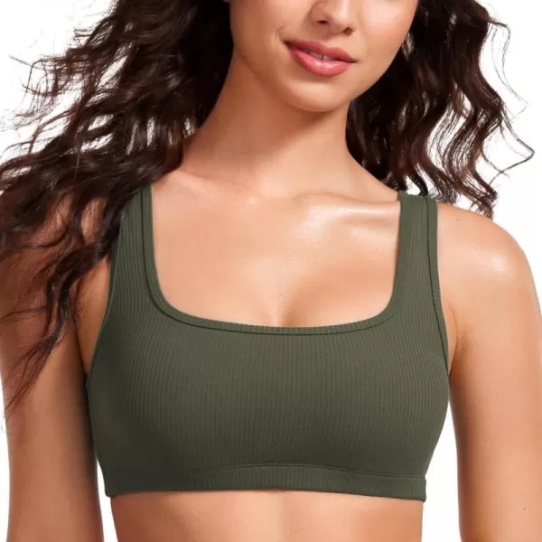 CRZ YOGA Butterluxe Ribbed Sports Bras for Women  Square Neck Wireless Padded Bra Low Coverage Yoga Crop TopOlive Green