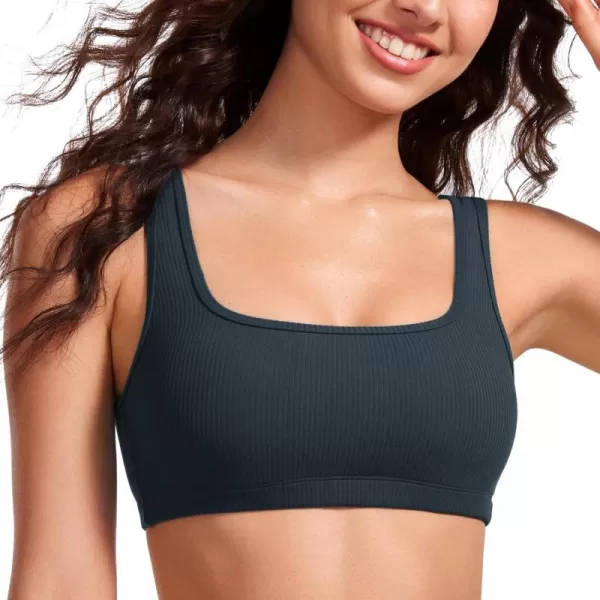 CRZ YOGA Butterluxe Ribbed Sports Bras for Women  Square Neck Wireless Padded Bra Low Coverage Yoga Crop TopTrue Navy