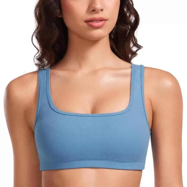 CRZ YOGA Butterluxe Ribbed Sports Bras for Women  Square Neck Wireless Padded Bra Low Coverage Yoga Crop TopUniverse Blue