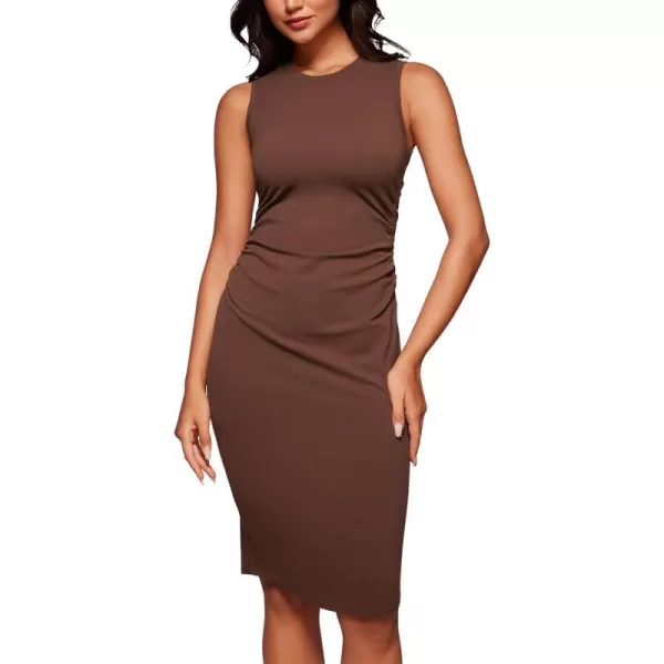 CRZ YOGA Butterluxe Summer Midi Dresses for Women Ruched Bodycon Sleeveless Tank Pencil Dress Cocktail Party Work CasualCoffee Brown