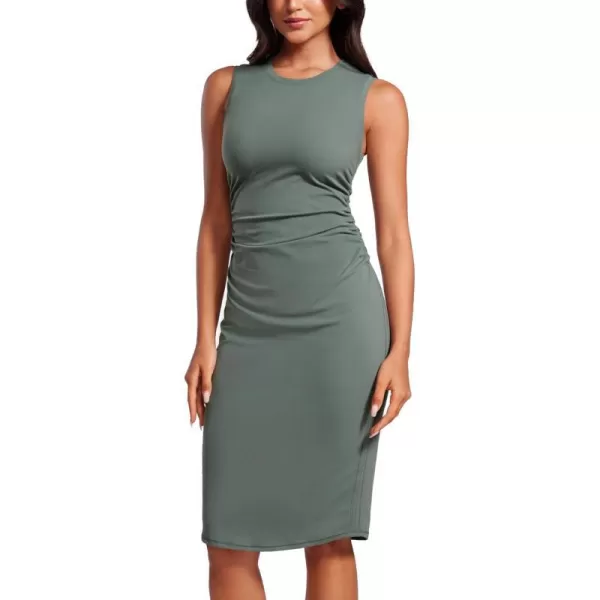 CRZ YOGA Butterluxe Summer Midi Dresses for Women Ruched Bodycon Sleeveless Tank Pencil Dress Cocktail Party Work CasualGrey Sage