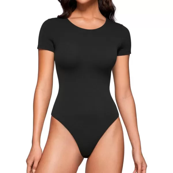 CRZ YOGA Butterluxe Womens Bodysuit Short Sleeve Crew Neck Bodysuit Tops Sexy Thong Soft StretchyBlack