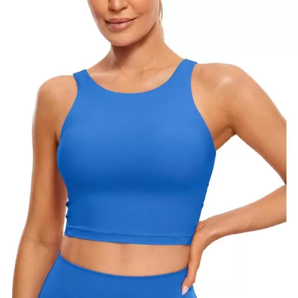 CRZ YOGA Butterluxe Womens High Neck Longline Sports Bra  U Back Padded Crop Workout Tank Top with Built in BraSparkle Blue