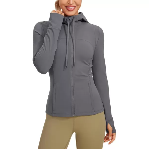 CRZ YOGA Butterluxe Womens Hooded Workout Jacket  Zip Up Athletic Running Jacket with Back Mesh Vent  Thumb HolesDark Carbon