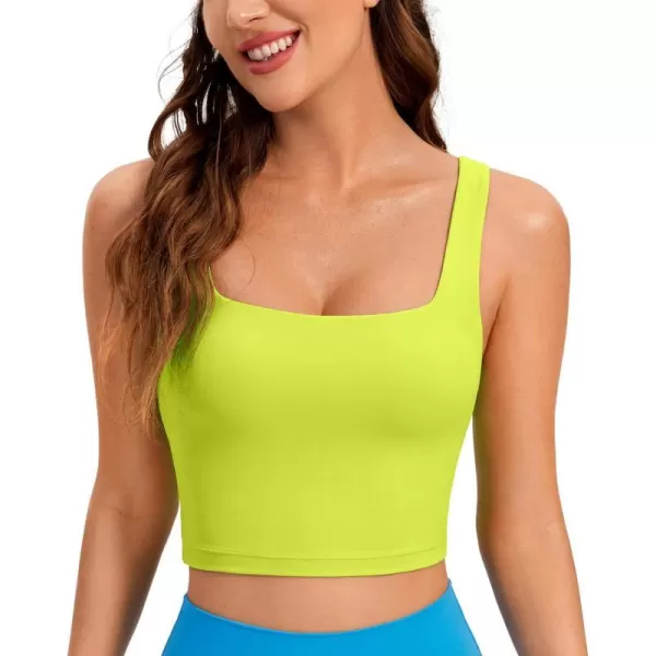 CRZ YOGA Butterluxe Womens Square Neck Longline Sports Bra  Workout Crop Tank Tops Padded with Built in Shelf Yoga BraNeon Yellow