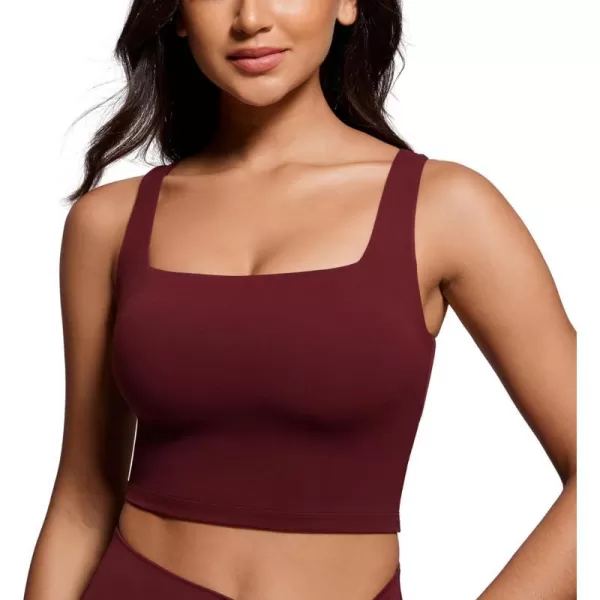 CRZ YOGA Butterluxe Womens Square Neck Longline Sports Bra  Workout Crop Tank Tops Padded with Built in Shelf Yoga BraRed Merlot