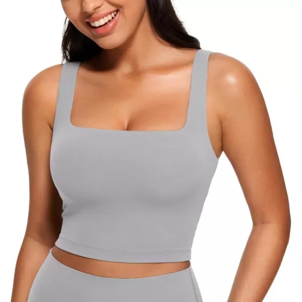 CRZ YOGA Butterluxe Womens Square Neck Longline Sports Bra  Workout Crop Tank Tops Padded with Built in Shelf Yoga BraRhino Grey