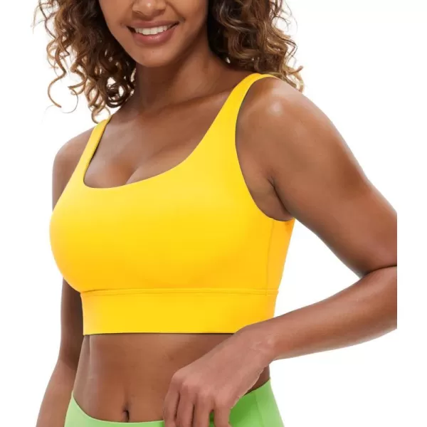 CRZ YOGA Butterluxe Womens U Back Sports Bra  Scoop Neck Padded Low Impact Yoga Bra Workout Crop Top with Built in BraHigh Visibility Yellow