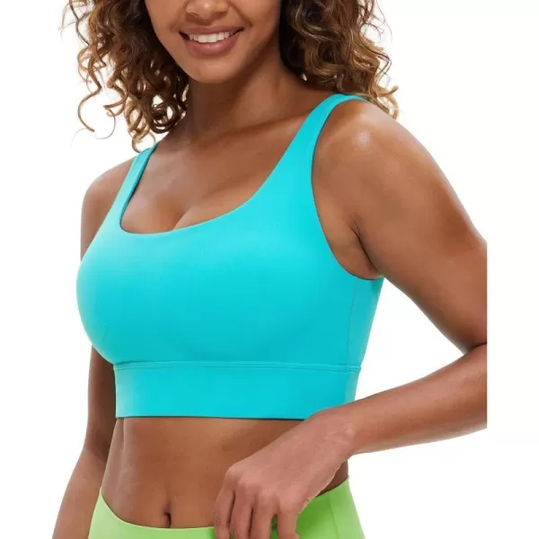 CRZ YOGA Butterluxe Womens U Back Sports Bra  Scoop Neck Padded Low Impact Yoga Bra Workout Crop Top with Built in BraNeonspectral Blue