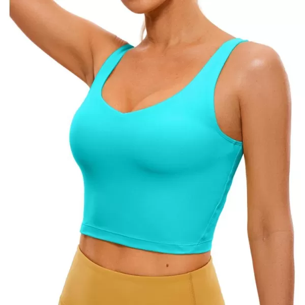 CRZ YOGA Butterluxe Womens V Neck Longline Sports Bra  Padded Workout Crop Tank Top with Built in BraNeonspectral Blue