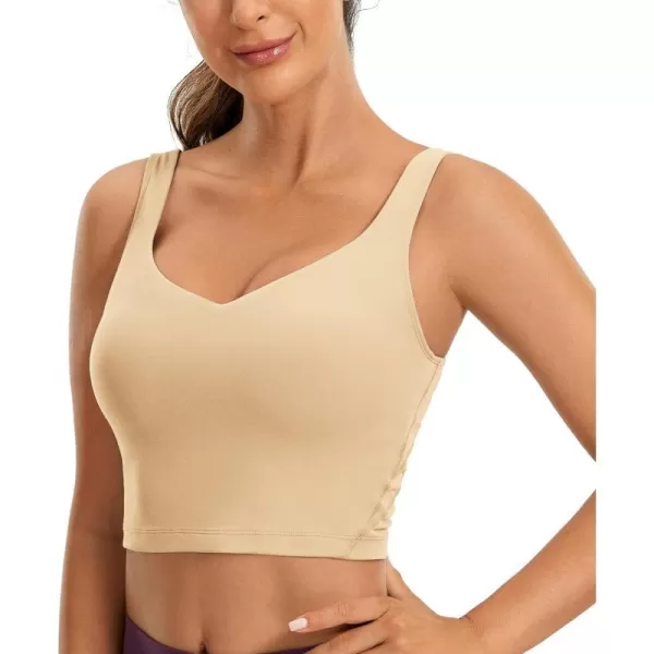 CRZ YOGA Butterluxe Womens V Neck Longline Sports Bra  Padded Workout Crop Tank Top with Built in BraTan Milkshake