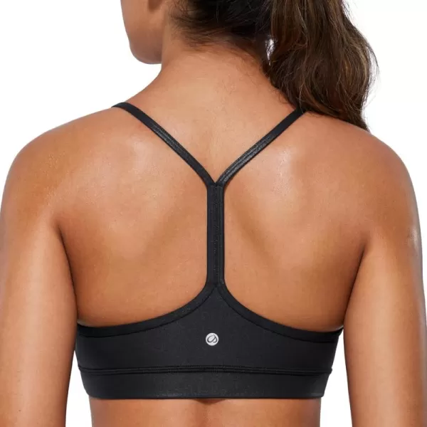 CRZ YOGA Butterluxe Womens Y Back Sports Bra  Padded Racerback Low Impact Spaghetti Thin Strap Workout Yoga BraFaux Leather Black