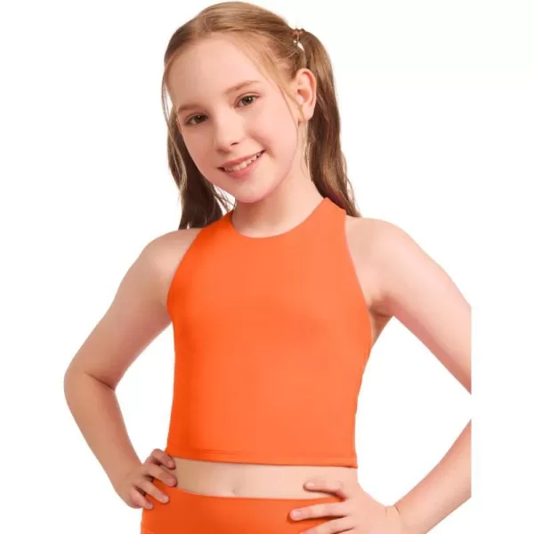 CRZ YOGA Girls Butterluxe Double Lined Tank Tops High Neck Racerback Cropped Tanks Basic Sleeveless Dance TopNeon Orange