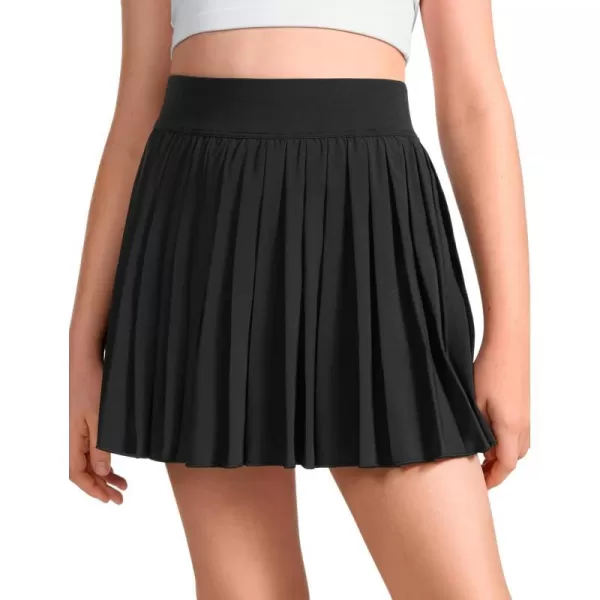 CRZ YOGA Girls Pleated Skirt with Shorts Tennis Athletic School Kids Teen Skorts with PocketsBlack