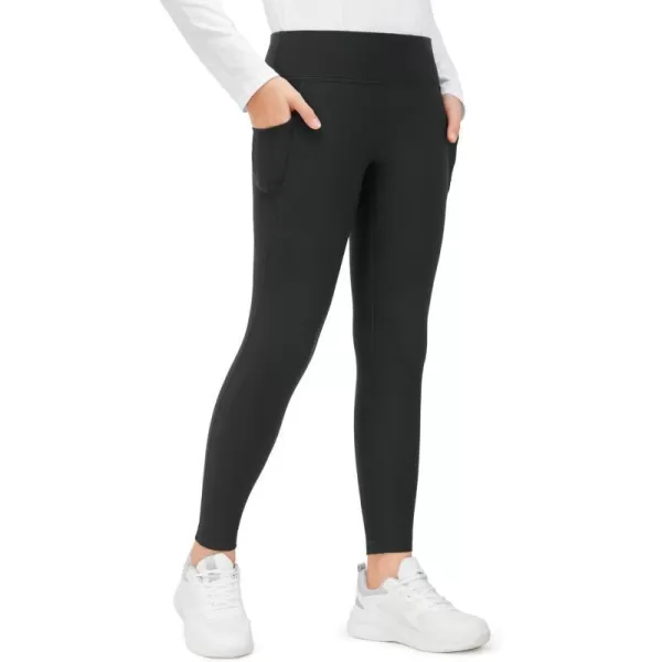 CRZ YOGA Girls Thermal Fleece Lined Athletic Leggings Water Resistant High Waist Warm Winter Kids Lounge Pants Side PocketsBlack