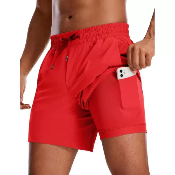 CRZ YOGA Mens 2 in 1 Running Shorts with Liner  5 7 9 Quick Dry Workout Sports Athletic Shorts with Pockets5 inches Deep Red