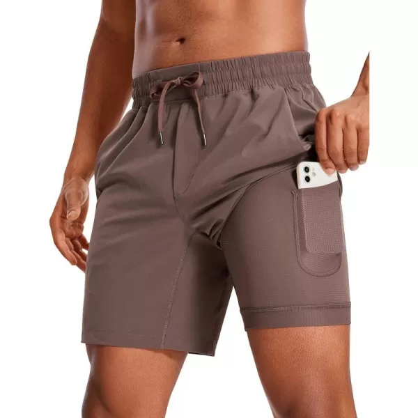 CRZ YOGA Mens 2 in 1 Running Shorts with Liner  5 7 9 Quick Dry Workout Sports Athletic Shorts with PocketsBrown Rock