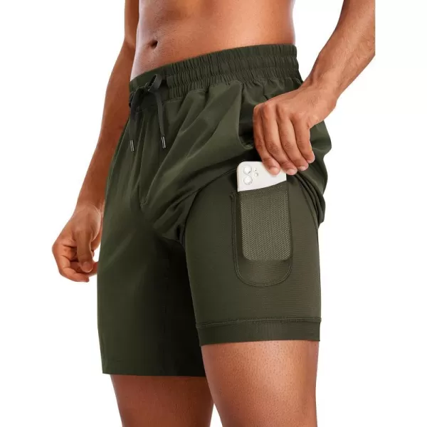 CRZ YOGA Mens 2 in 1 Running Shorts with Liner  5 7 9 Quick Dry Workout Sports Athletic Shorts with PocketsDark Olive