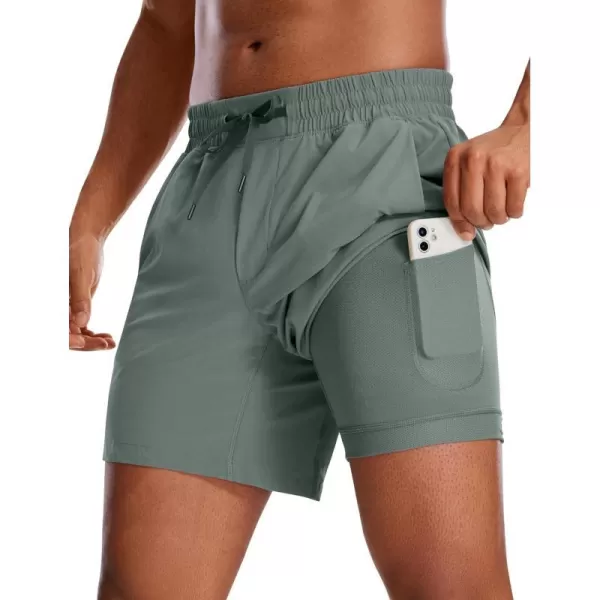 CRZ YOGA Mens 2 in 1 Running Shorts with Liner  5 7 9 Quick Dry Workout Sports Athletic Shorts with PocketsGrey Sage