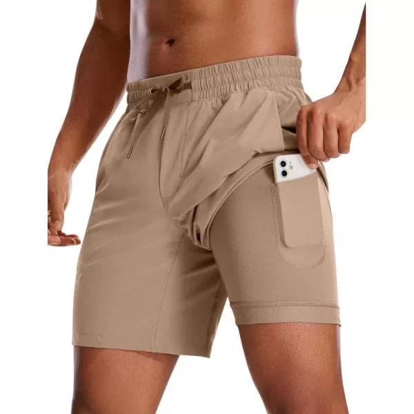 CRZ YOGA Mens 2 in 1 Running Shorts with Liner  5 7 9 Quick Dry Workout Sports Athletic Shorts with PocketsMineral Brown