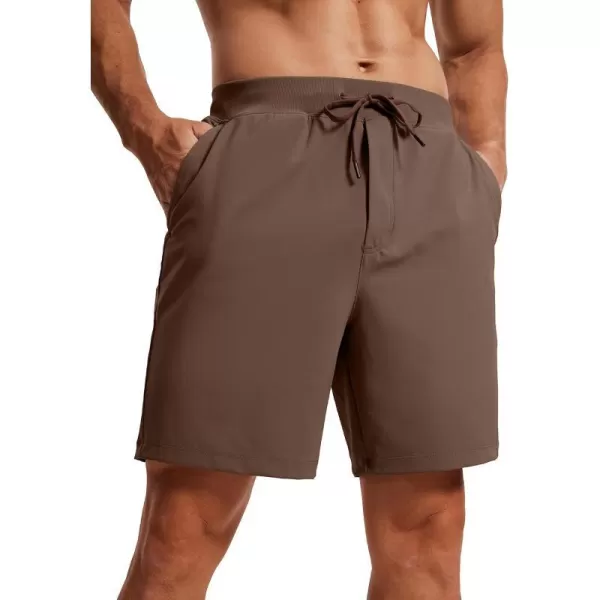 CRZ YOGA Mens FourWay Stretch Workout Shorts  579 Soft Durable Casual Athletic Shorts with Pocket Gym Running HikingDark Olive Brown