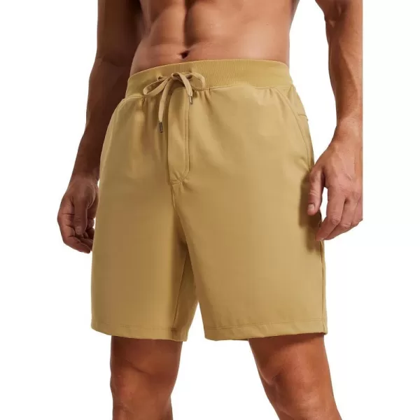 CRZ YOGA Mens FourWay Stretch Workout Shorts  579 Soft Durable Casual Athletic Shorts with Pocket Gym Running HikingKhaki Sand