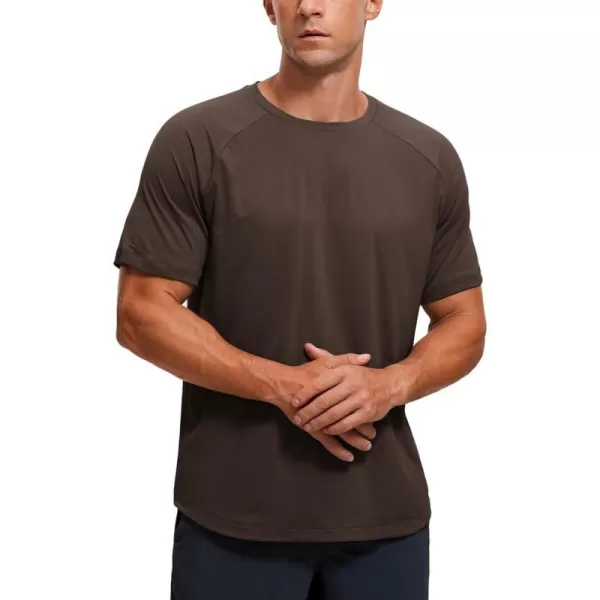 CRZ YOGA Mens Lightweight Athletic TShirts Moisture Wicking Running Workout Shirt Short Sleeve Gym TopsHot Fudge Brown