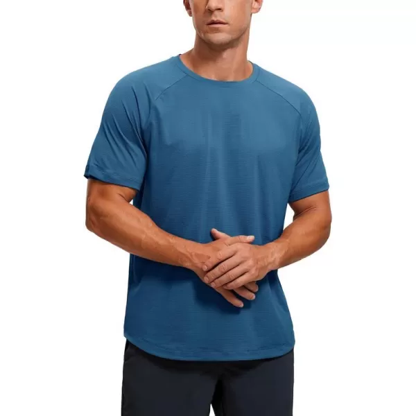 CRZ YOGA Mens Lightweight Athletic TShirts Moisture Wicking Running Workout Shirt Short Sleeve Gym TopsIron Blue