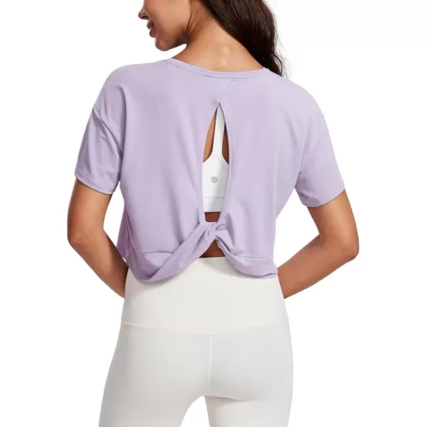 CRZ YOGA Open Back Short Sleeve Crop Top for Women Loose Athletic Yoga Workout Tops Casual Cropped Tee ShirtsLilac Lavender