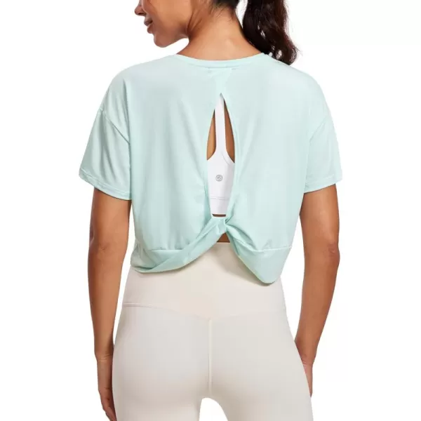 CRZ YOGA Open Back Short Sleeve Crop Top for Women Loose Athletic Yoga Workout Tops Casual Cropped Tee ShirtsSkylight Green