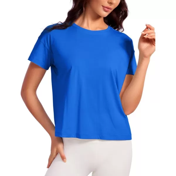 CRZ YOGA Pima Cotton Short Sleeve Workout Tops for Women Loose Basic TShirt Athletic Gym Casual Tee ShirtsStrong Blue