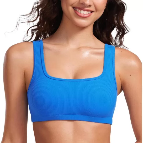 CRZ YOGA Ribbed Sports Bras for Women  Square Neck Wireless Padded Bra Low Coverage Yoga Crop Top with Built in BraSparkle Blue