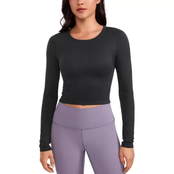 CRZ YOGA Seamless Ribbed Double Lined Long Sleeve Crop Tops for Women Crew Neck Athletic Workout Basic Cropped Fitted ShirtsBlack