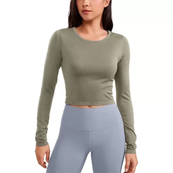 CRZ YOGA Seamless Ribbed Double Lined Long Sleeve Crop Tops for Women Crew Neck Athletic Workout Basic Cropped Fitted ShirtsDark Green