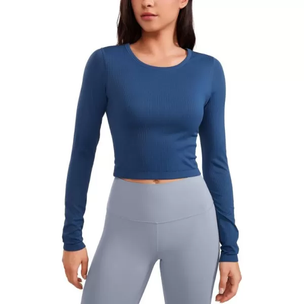 CRZ YOGA Seamless Ribbed Double Lined Long Sleeve Crop Tops for Women Crew Neck Athletic Workout Basic Cropped Fitted ShirtsFrench Navy