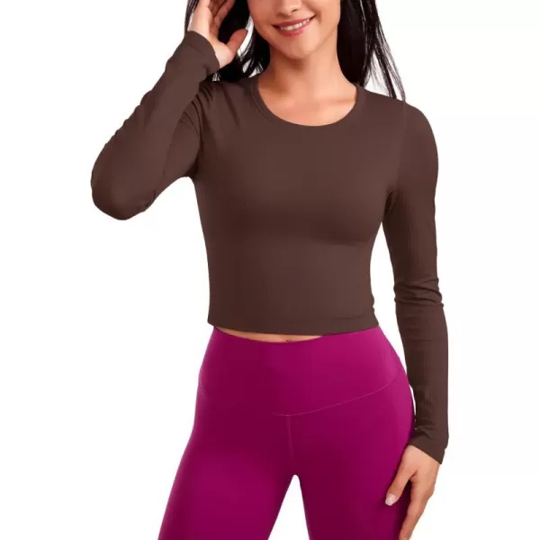 CRZ YOGA Seamless Ribbed Double Lined Long Sleeve Crop Tops for Women Crew Neck Athletic Workout Basic Cropped Fitted ShirtsTaupe