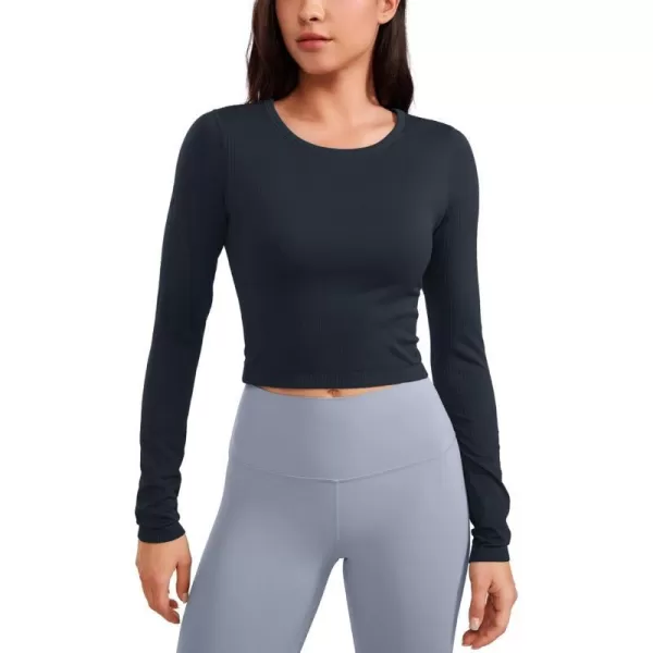 CRZ YOGA Seamless Ribbed Double Lined Long Sleeve Crop Tops for Women Crew Neck Athletic Workout Basic Cropped Fitted ShirtsTrue Navy