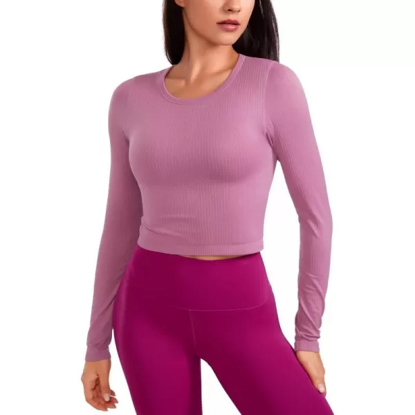 CRZ YOGA Seamless Ribbed Double Lined Long Sleeve Crop Tops for Women Crew Neck Athletic Workout Basic Cropped Fitted ShirtsVelvet Dust