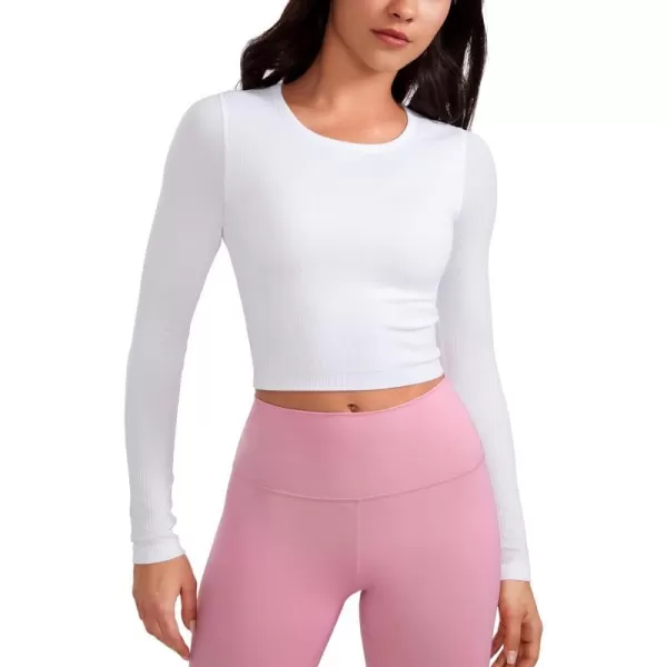 CRZ YOGA Seamless Ribbed Double Lined Long Sleeve Crop Tops for Women Crew Neck Athletic Workout Basic Cropped Fitted ShirtsWhite